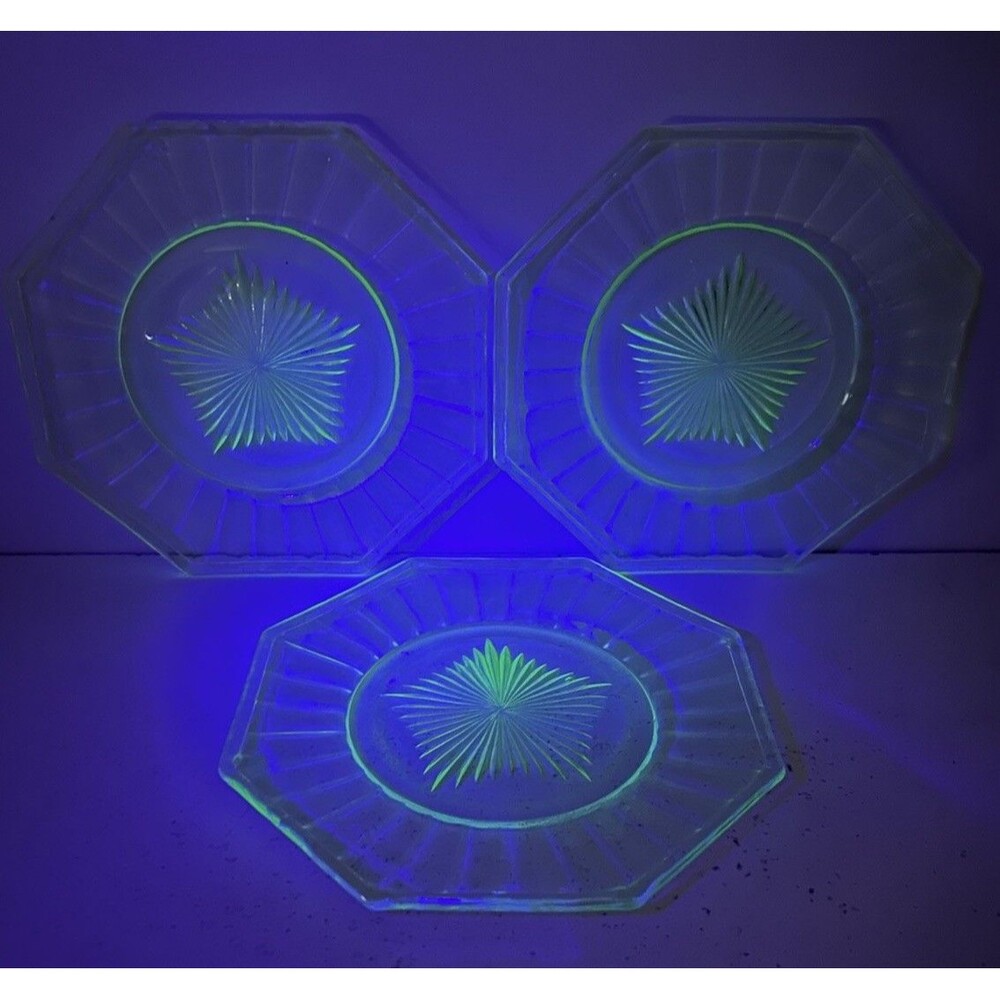 Lot Of 3 - Vintage Bundle Heisey Green Uranium Glass Octagon Shaped 7" Plate